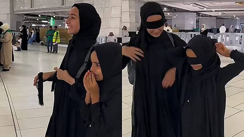 ردة فعل فتاتان لحظة رؤيتهما للكعبة لأول مرة .. فيديو