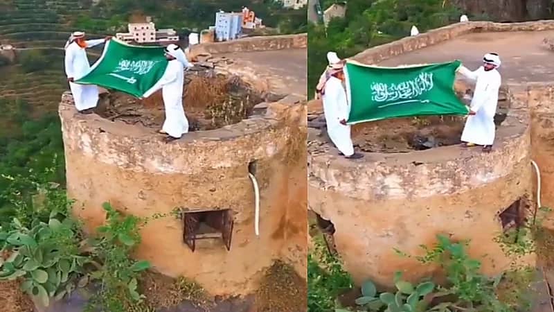 فيديو..مواطنان يحتفلان بيوم العلم على علو شاهق