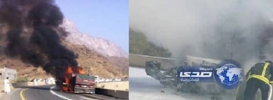 اندلاع النيران في حادث شاحنة وكورلا على طريق قلوة ـ المخواة