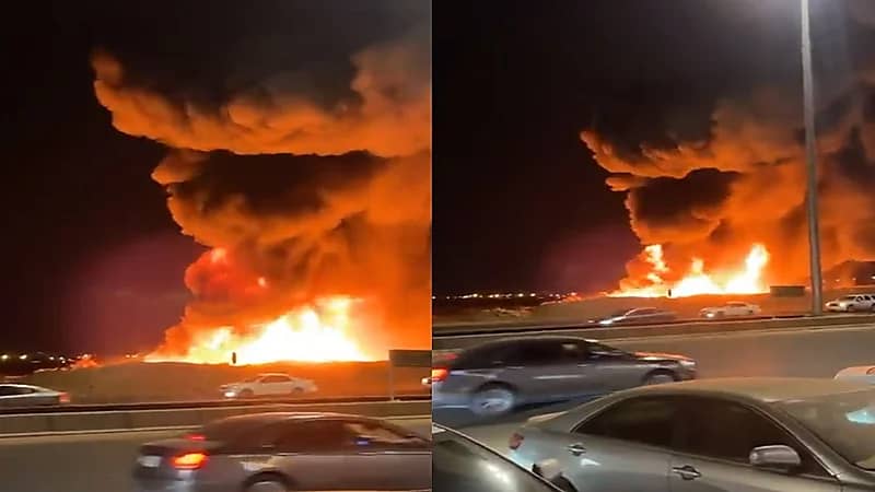 فيديو.. نشوب حريق بإحدى الطرق في تبوك