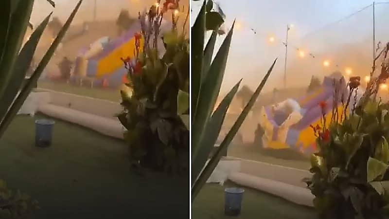 رياح قوية تسقط لعبة ضخمة وترعب متنزهين في تنومة .. فيديو