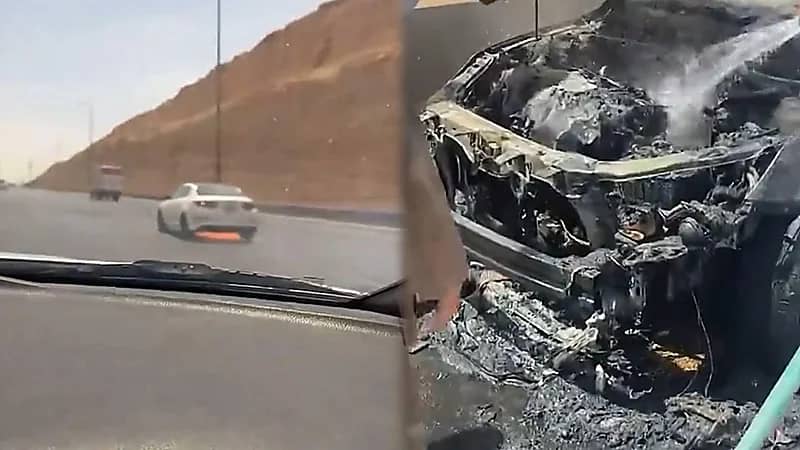 مشهد يحبس الأنفاس لسيارة تحترق أثناء سيرها على طريق سريع .. فيديو
