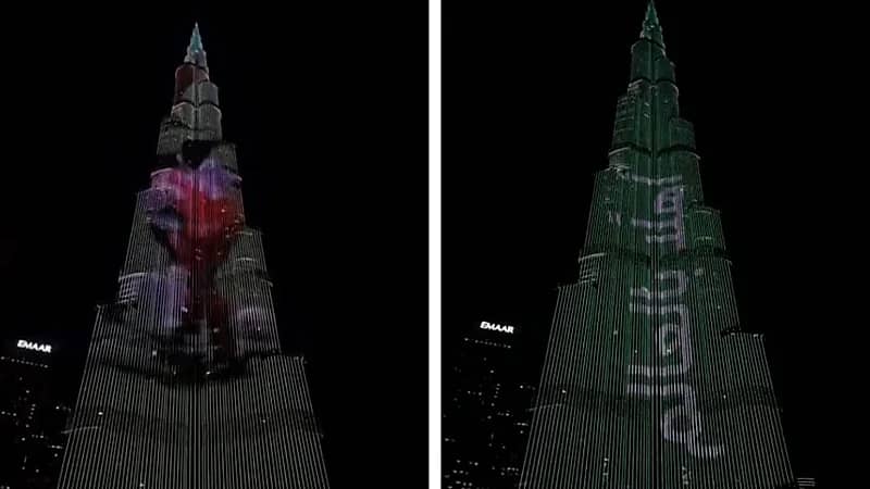 برج خليفة يضيء سماء دبي احتفالًا باستضافة المملكة للمونديال .. فيديو