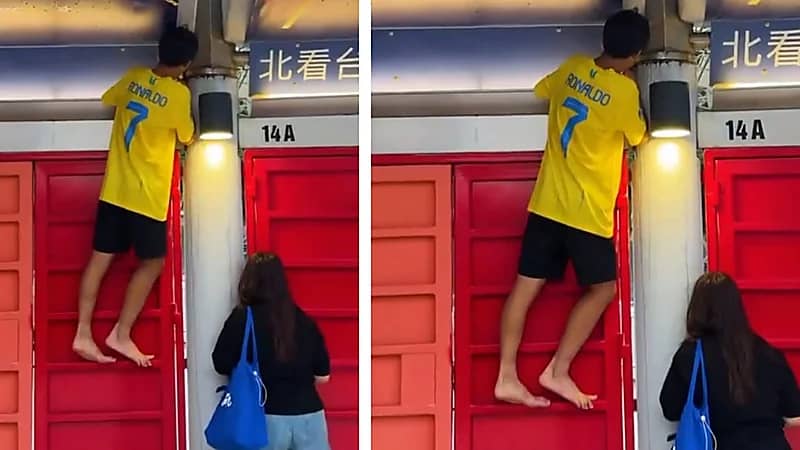 مشجع يتسلق لمشاهدة رونالدو قبل انطلاق كأس السوبر .. فيديو