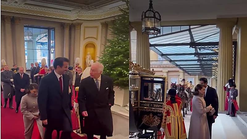 أمير قطر وزوجته الشيخة جواهر يصلان القصر الملكي البريطاني بعربة ملكية مطلية بالذهب .. فيديو