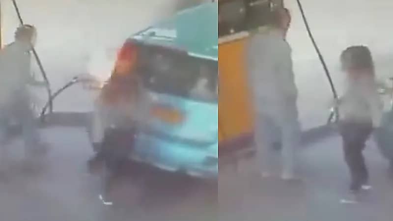 سيدة تشعل النيران في محطة بنزين بسبب رفض رجل إعطائها سيجارة ..فيديو