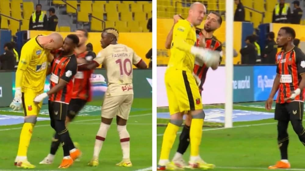 اشتباك بين حارس الرياض وزميله خلال مواجهة الفيحاء .. فيديو