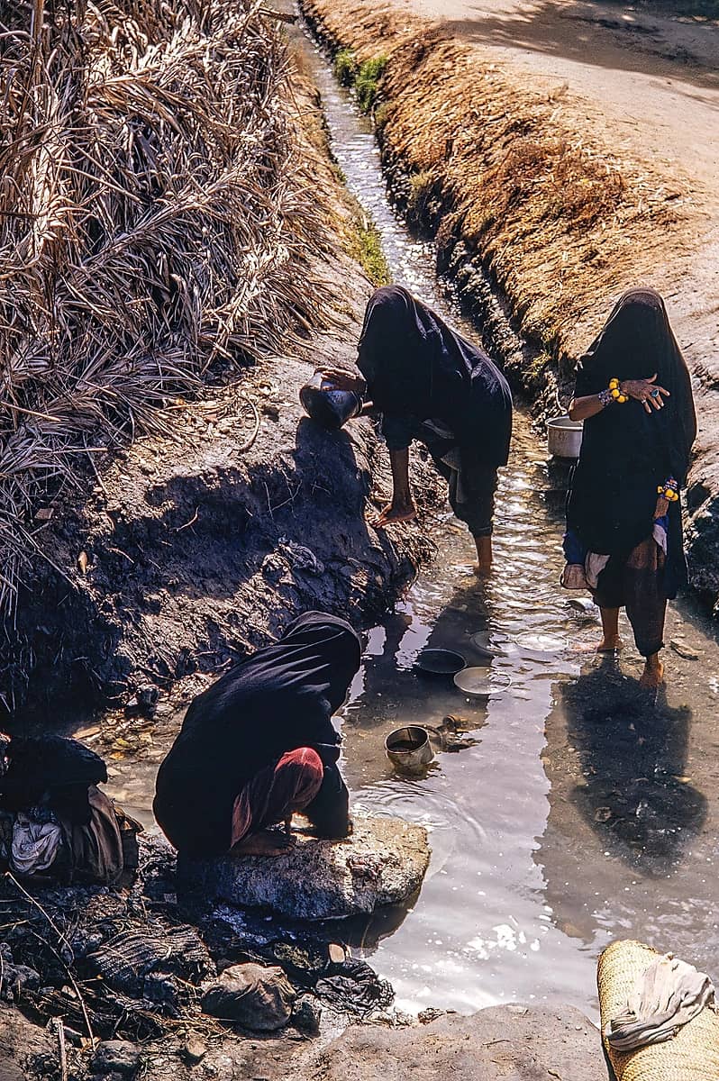 نساء يغسلن الأواني في أحد ينابيع القطيف قبل 75 عام