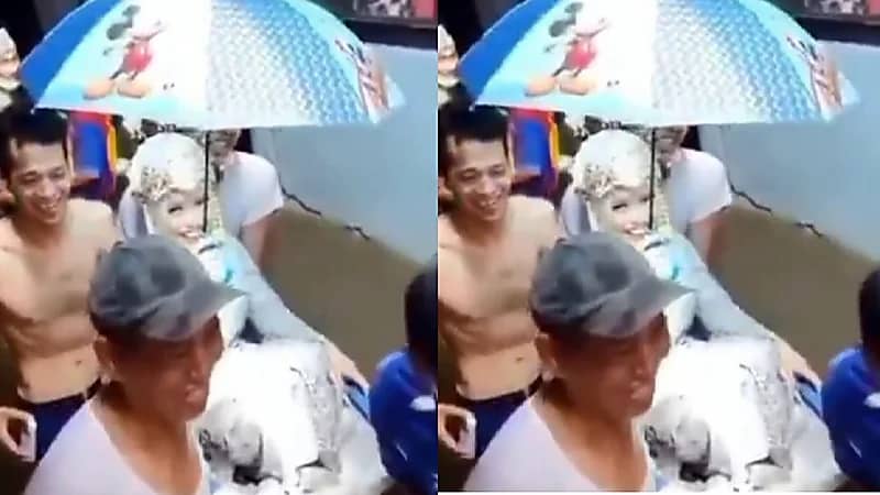 بالفيديو..زفاف عروسين وسط الفيضان في " حوض بلاستيكي "