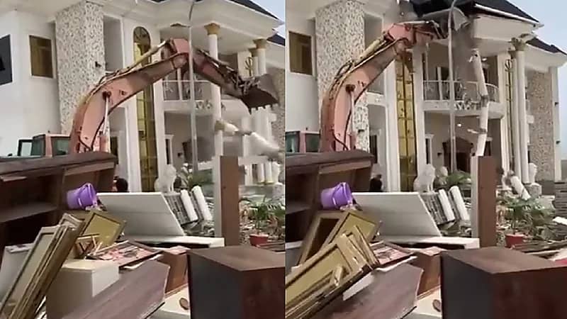 بالفيديو.. زوج يهدم قصره انتقاما من زوجته