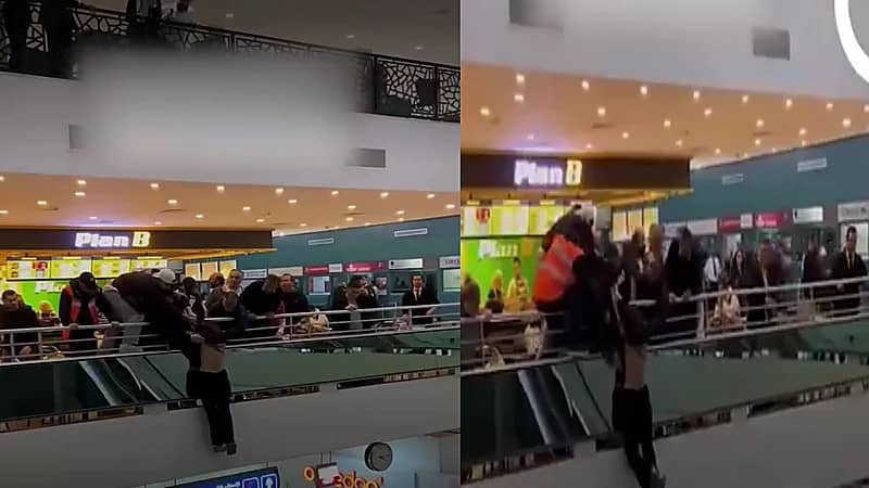 محاولة إنقاذ مسافرة كادت تسقط من طابق علوي بالمطار.. فيديو