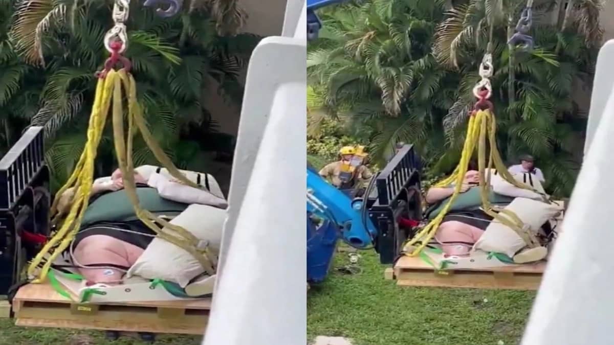 نقل أمريكي يزن 270 كيلوغرامًا لتلقي العلاج باستخدام رافعة.. فيديو