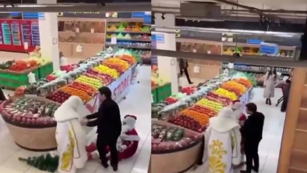 اندلاع شجار طريف بين رجلين متنكرين في زي سانتا كلوز..  فيديو