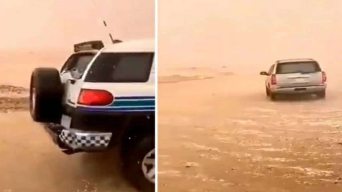 شاهد.. حبات البرد تكسر زجاج دورية مرور في الجوف 