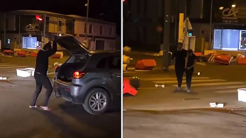 أب فرنسي يسحب ابنه من المظاهرات ويضعه في شنطة السيارة .. فيديو