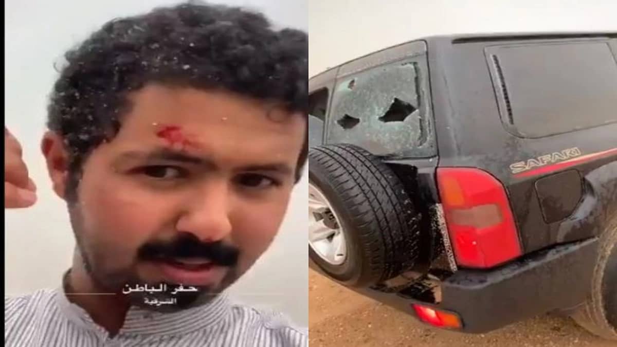 شاهد.. رياح قوية مصحوبة بالبرد تُصيب الأشخاص وتهشم السيارات بحفر الباطن