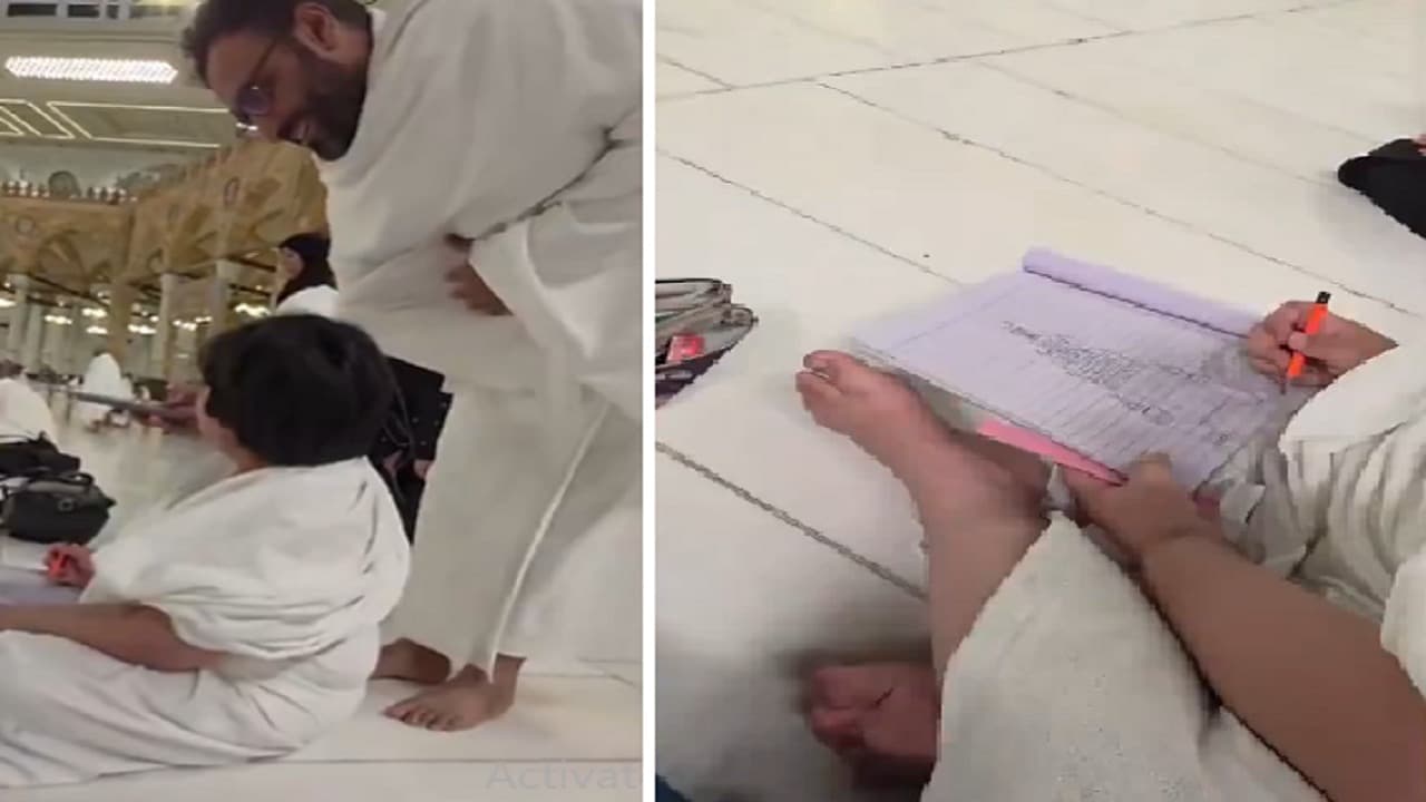 طفل يرسم الكعبة وبرج الساعة بعد أداء العمرة.. فيديو