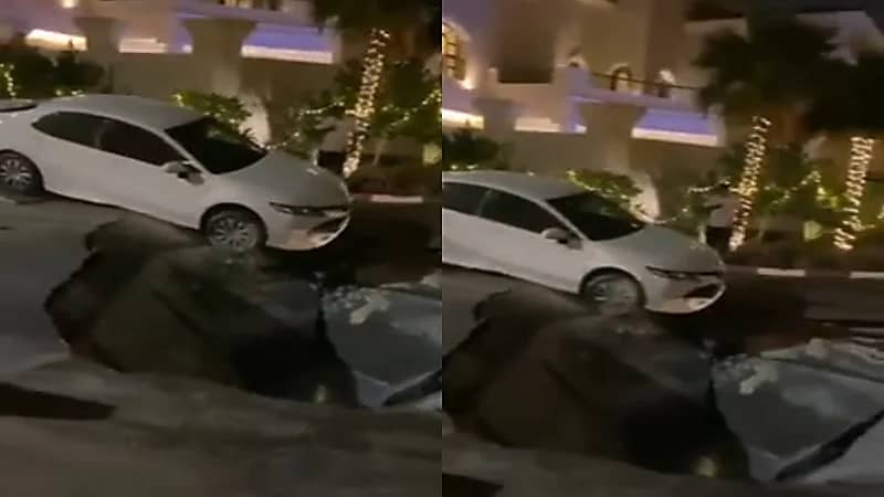 بالفيديو.. هبوط أرضى مفاجئ يتسبب في سقوط مركبة بالخبر