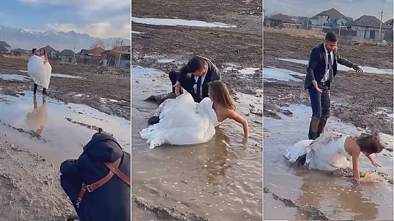 فيديو طريف لعريس يسقط عروسه في الوحل أثناء جلسة تصوير